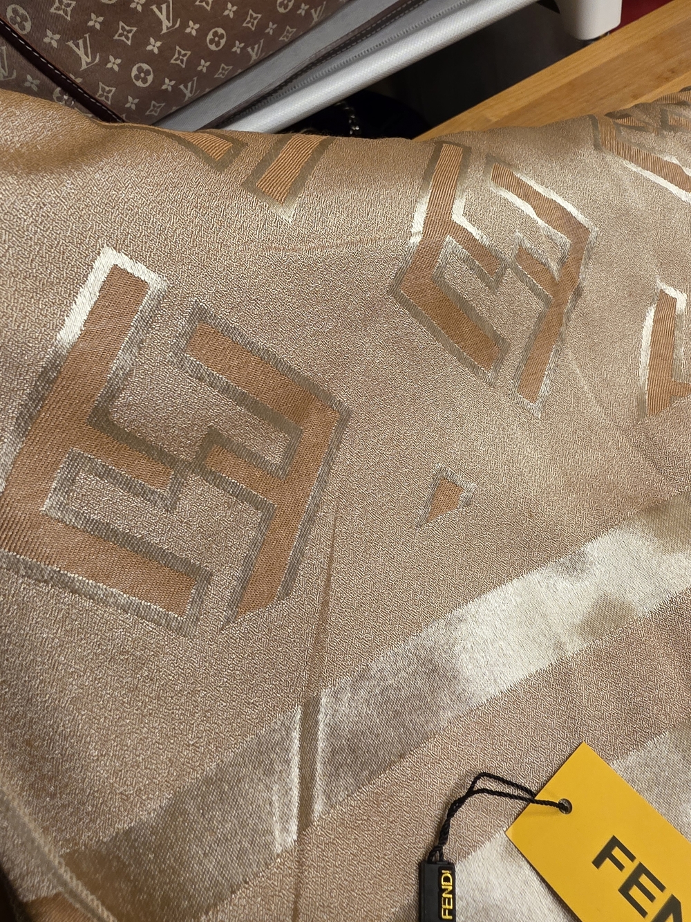 Fendi Gold & Brown FF Shimmer Monogram Cashmere Scarf NWT